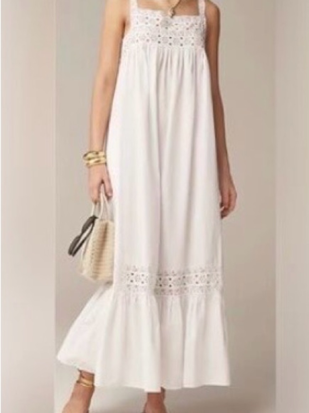 J crew White Cotton Lace-Trim Maxi Dress - Classic Sleeveless Sundress